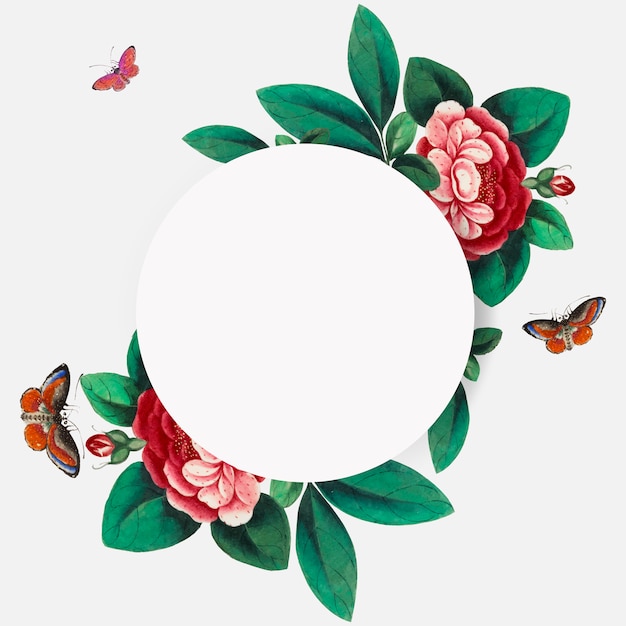 Chinese painting featuring flowers blank circle frame vector Free Vector