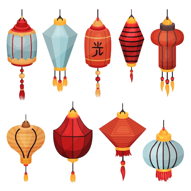 さまざまな形や色 白い背景の上のお祝いイラストの装飾的な要素の中国の紙灯籠 プレミアムベクター