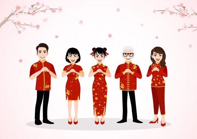 春の季節に梅の花の中国の新年祭で中国人漫画のキャラクターの挨拶 プレミアムベクター