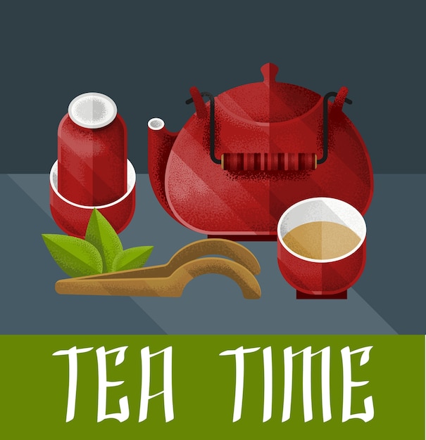 赤いやかんのペアとビンテージスタイルのピアラと中国の茶道のイラスト 無料のベクター