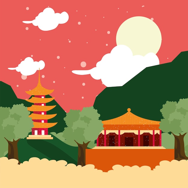 Premium Vector | Chinese temples facades