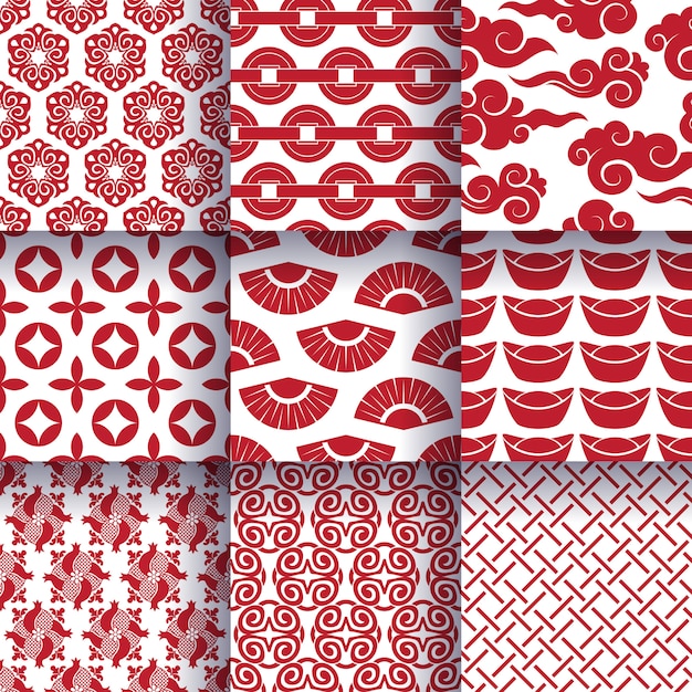 Premium Vector Chinese traditional symbols seamless patterns set.
