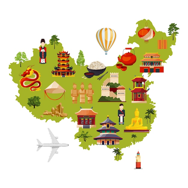 さまざまな文化的な目的を持つ中国旅行イラスト 漫画のスタイルのベクトル地図 プレミアムベクター