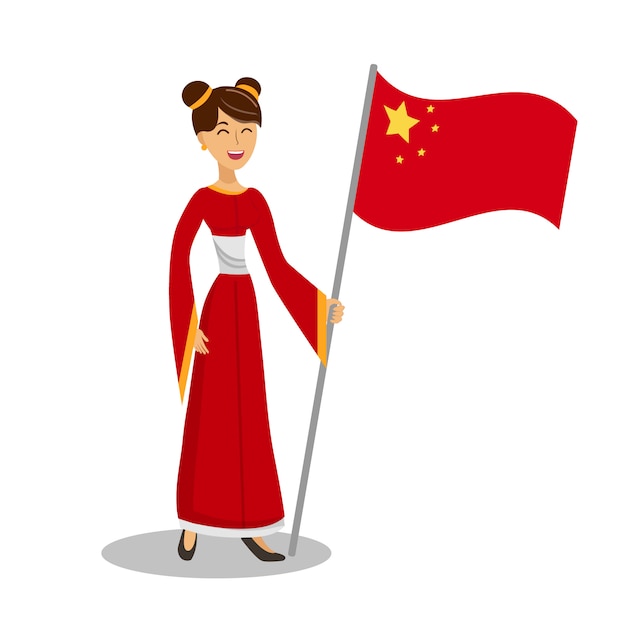 フラグフラットカラーイラストを持つ中国人女性 プレミアムベクター