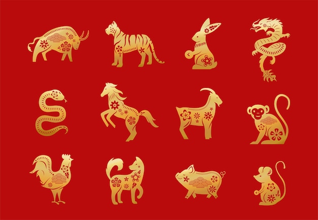 中国の干支の動物 12アジアの旧正月の黄金の文字セットが分離 無料のベクター