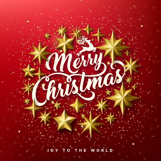 Merry Christmas Greeting Card - Joy To the World - Free Vector - Red Background with Golden 3D Stars