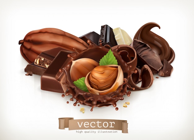 チョコレートバーとピース ヘーゼルナッツとチョコレートのスプラッシュ リアルなイラスト 3dアイコン プレミアムベクター