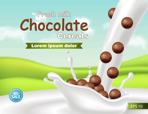 Download Chocolate cereals in milk splash realistic mockup | Premium Vector