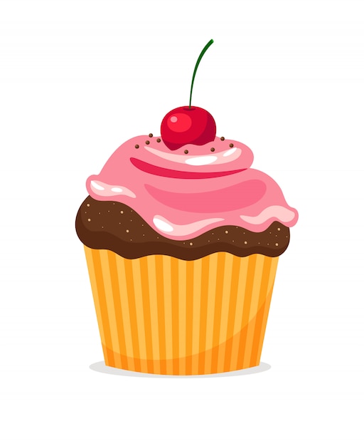 Premium Vector | Chocolate cupcake with pink cream and cherry on white ...