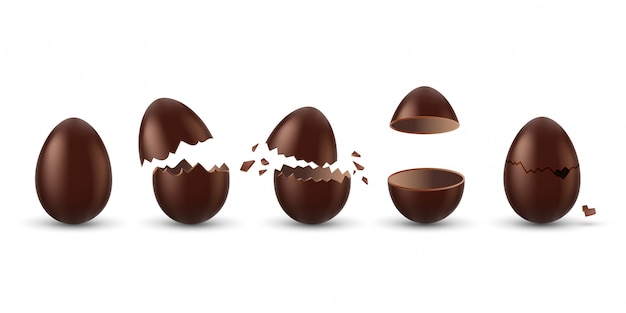 チョコレートの卵セット 全体 壊れた 爆発した 割れた 開いた茶色の卵のコレクション 現実的な甘いチョコレートのお菓子のデザートアイコン イースター休暇のお祝いのコンセプト プレミアムベクター