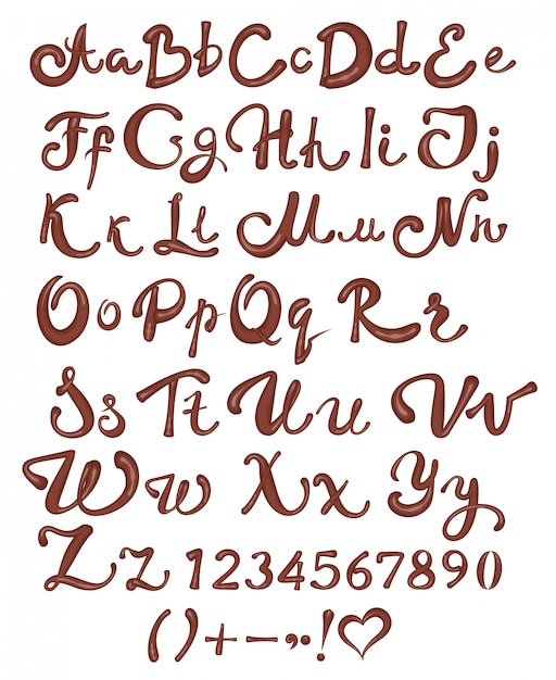 チョコレートの英語のアルファベット 茶色の手書き文字と白い背景の上の数字 プレミアムベクター