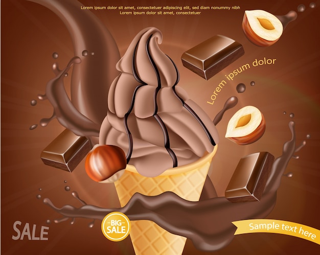 Chocolate ice cream cone banner Premium Vector