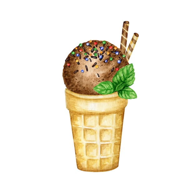 チョコレート ミントの葉 ワッフル キャンディーで飾られたワッフルコーンのチョコレートアイスクリームスクープ 水彩イラスト プレミアムベクター