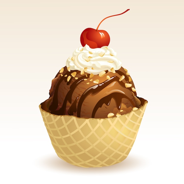 Download Chocolate ice cream with waffle basket Vector | Premium ...