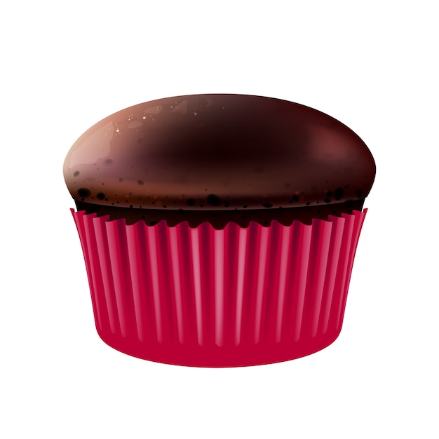 チョコレートマフィンリアルなイラスト小麦粉菓子ベーカリーピンクのベーキングカップの甘いペストリー自家製ココアカップケーキd白い背景の上の孤立したオブジェクト プレミアムベクター