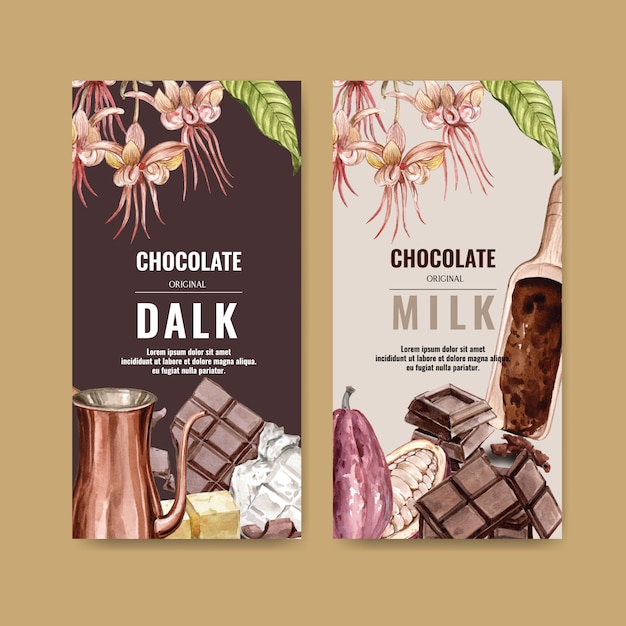 Chocolate packing with ingredients branch cocoa, watercolor illustration Free Vector