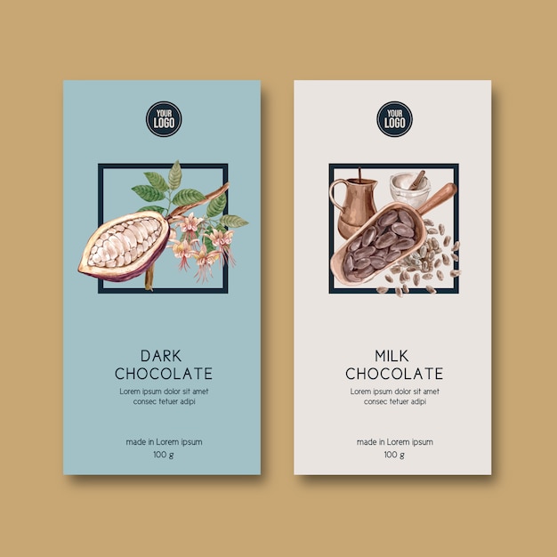 Chocolate packing with ingredients branch cocoa, watercolor illustration Free Vector