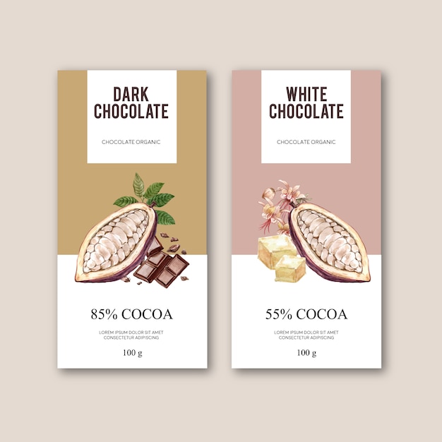 Chocolate packing with ingredients branch cocoa, watercolor illustration Free Vector