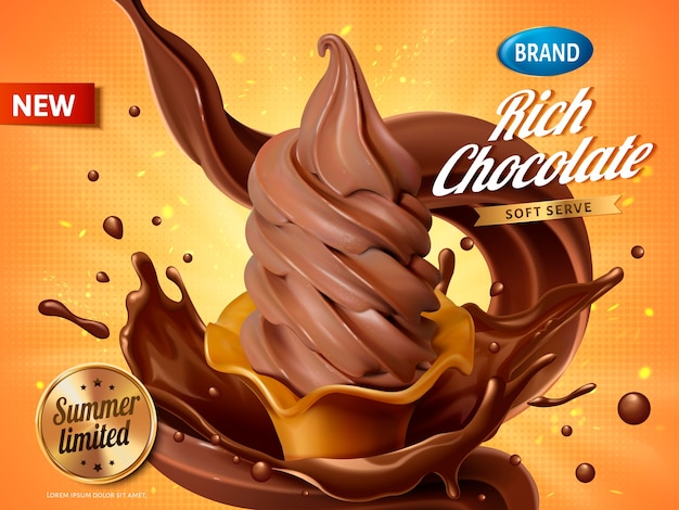 チョコレートソフトクリーム広告 夏のスプラッシュチョコレートとリアルなソフトクリーム プレミアムベクター