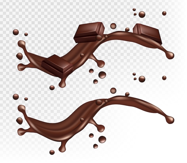 チョコレートがはねます リアルなコーヒーの波 茶色の飲み物 孤立したココアフローとチョコレートバー要素 茶色のココアとチョコレートの波のスプラッシュイラスト プレミアムベクター