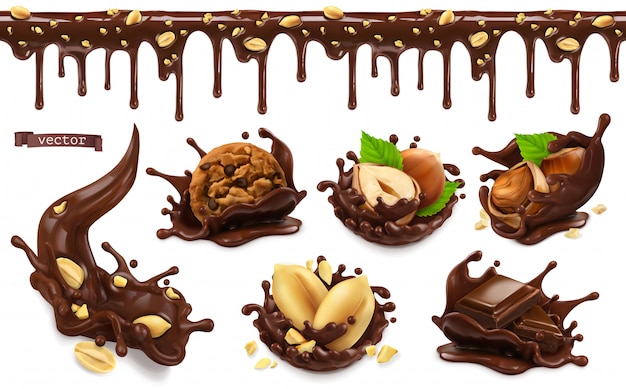Chocolate splashes with peanuts, hazel nuts, chocolate cookies. seamless pattern. 3d  realistic food
