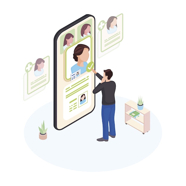 Choosing doctor online isometric illustration. patient selecting physician profile on smartphone scr