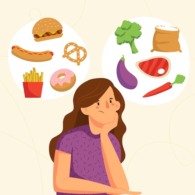 Choosing Between Healthy Or Unhealthy Food Free Vector