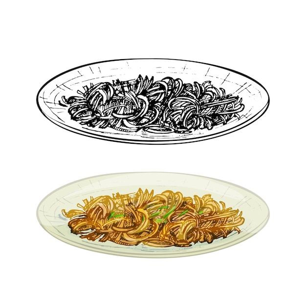 Premium Vector | Chow mein on plate. vintage vector hatching hand drawn ...