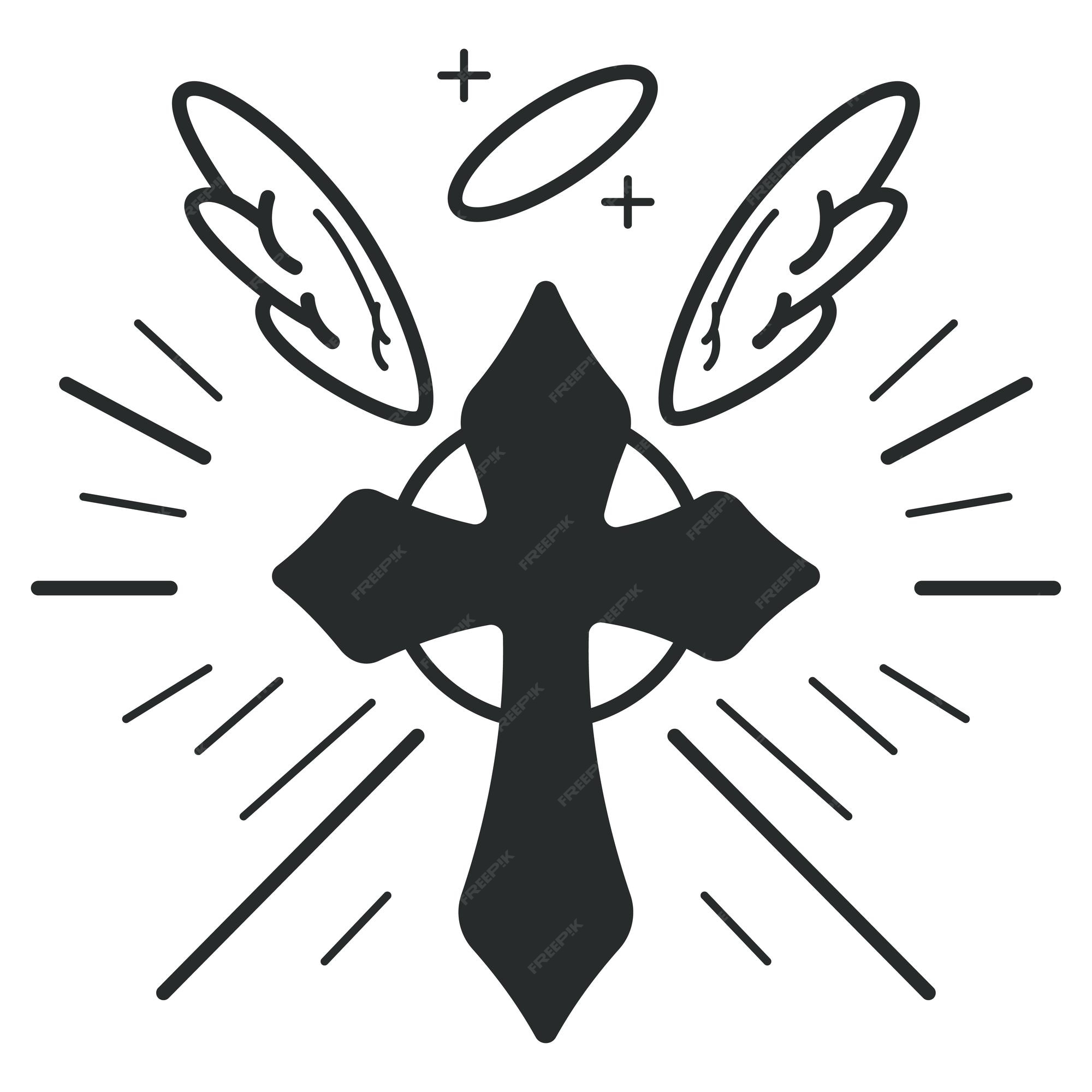 Premium Vector | Christian cross with angel wing and halo vector black ...