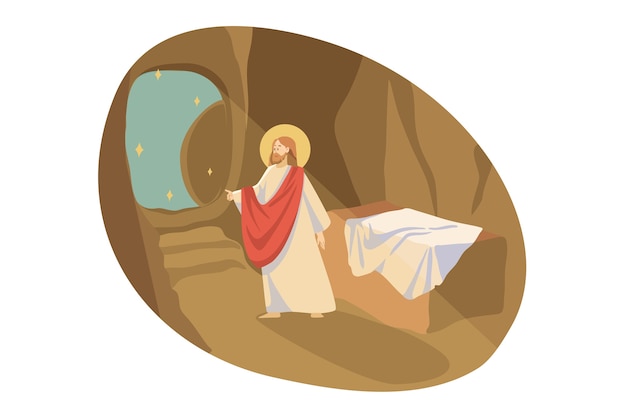 キリスト教 宗教 聖書の概念 神の福音の預言者の宗教的な聖書の性格の息子であるイエス キリストは 墓の洞窟の埋葬地から出ました メシアの上昇と新約聖書の イラスト プレミアムベクター