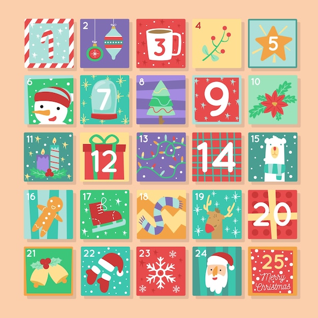 Free Vector | Christmas advent calendar with traditional symbols in ...