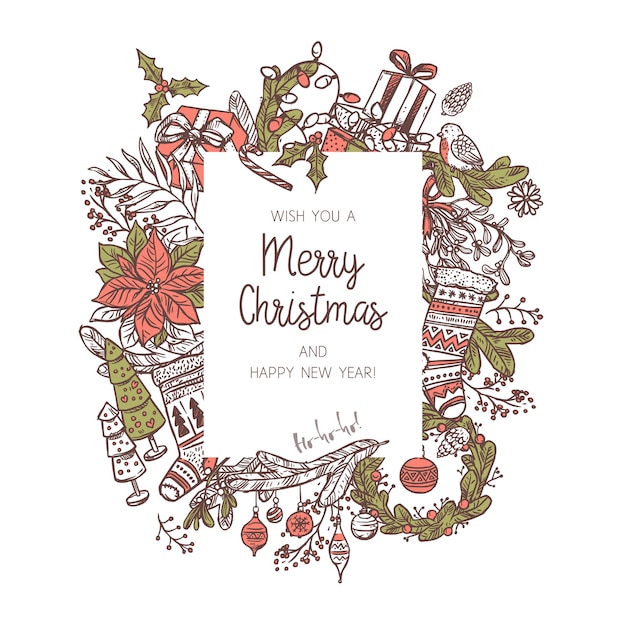 さまざまなお祝いのアイコンや要素で作られたクリスマスの背景 ヤドリギ ストッキング モミとトウヒの枝 花輪 ベル ギフトボックス キャンドルを落書き お祝いの休日のフレーム プレミアムベクター