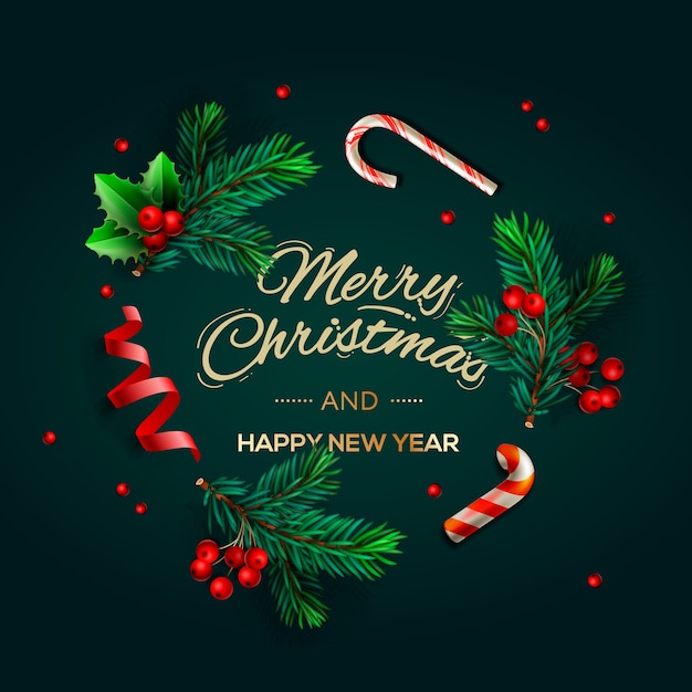松の枝と円形フレームのクリスマスの背景 手書きのテキストメリークリスマスと新年あけましておめでとうございます 休日の挨拶 プレミアムベクター