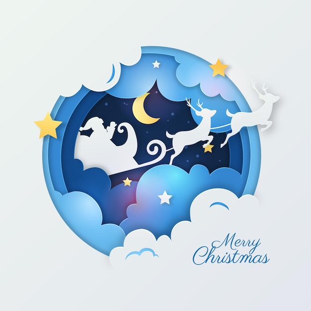 Merry Christmas in Paper Style Free Vector - Blue and White Circular Design with Santa and Flying Reindeer