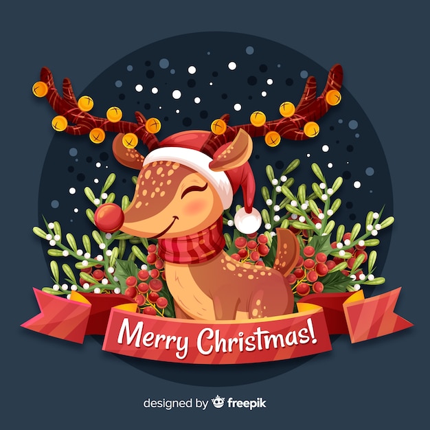 Christmas background with a cute reindeer Free Vector