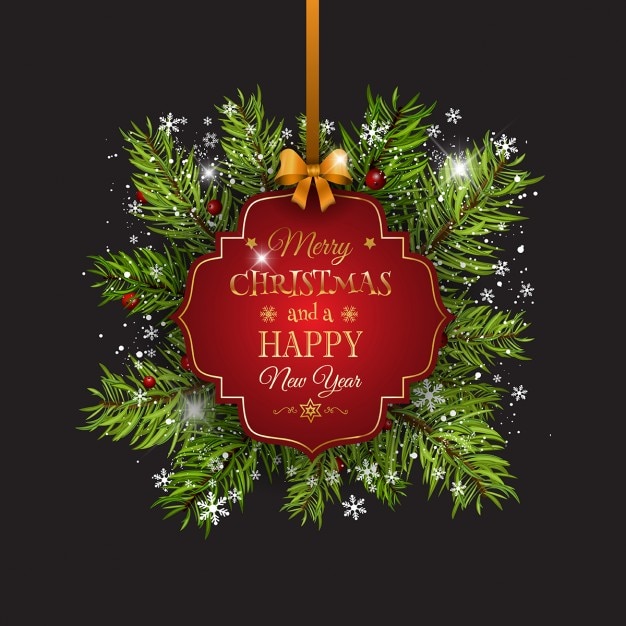 Christmas background with a red hanging label Free Vector
