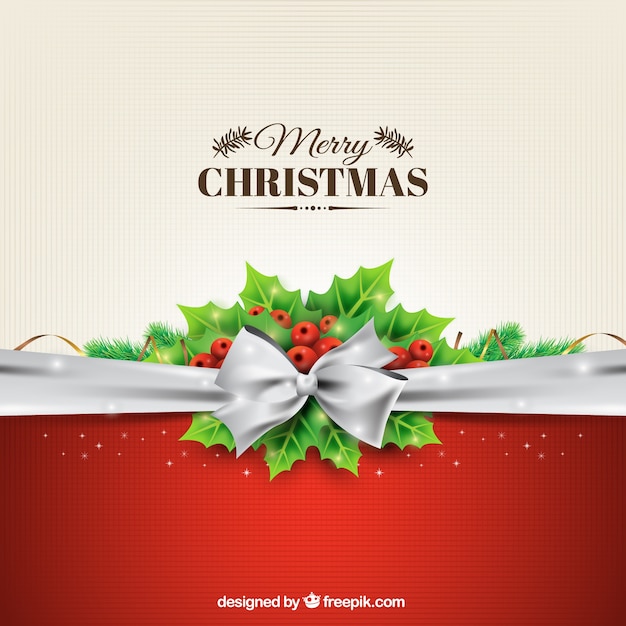 Christmas background with a silver bow Free Vector