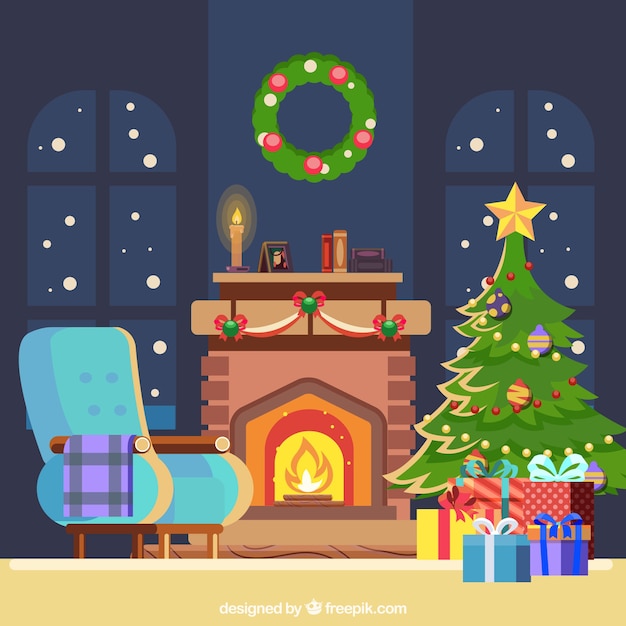 Christmas background with fireplace in flat design Vector | Free Download