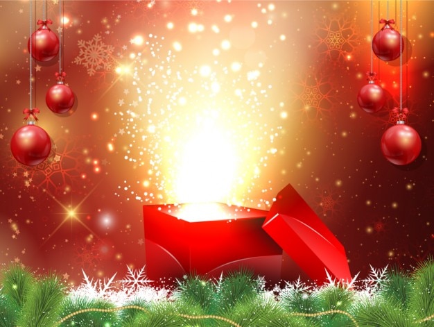 Christmas background with gift box and\
baubles