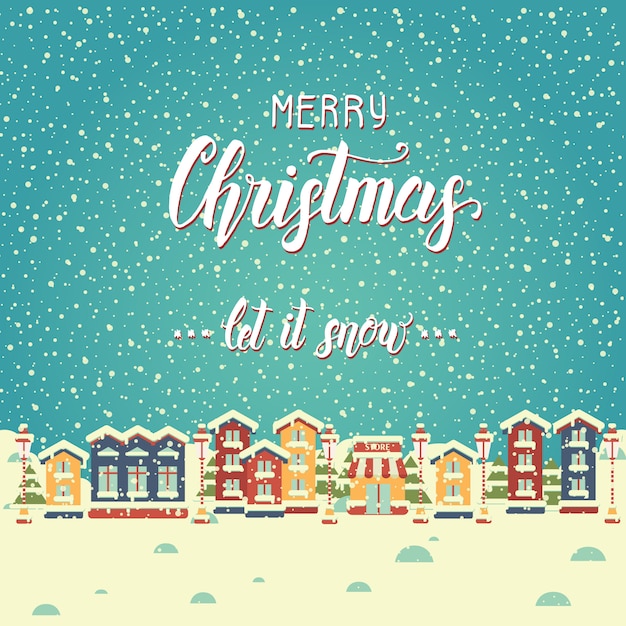 Premium Vector | Christmas background with houses and greeting hand made quote