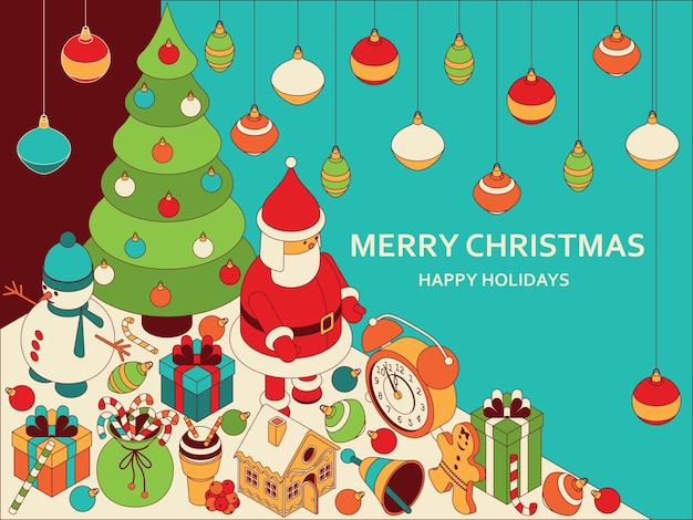 等尺性のかわいいおもちゃとクリスマスの背景 面白いサンタとジンジャーブレッドハウス プレミアムベクター
