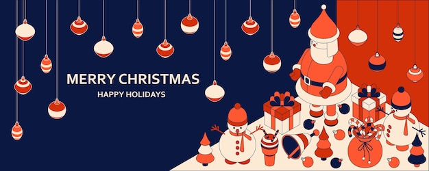 等尺性のかわいいおもちゃとクリスマスの背景 面白いサンタとショーマン クリスマスグリーティングカード プレミアムベクター