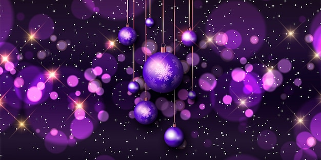 Free Vector | Christmas banner with bokeh lights and hanging baubles