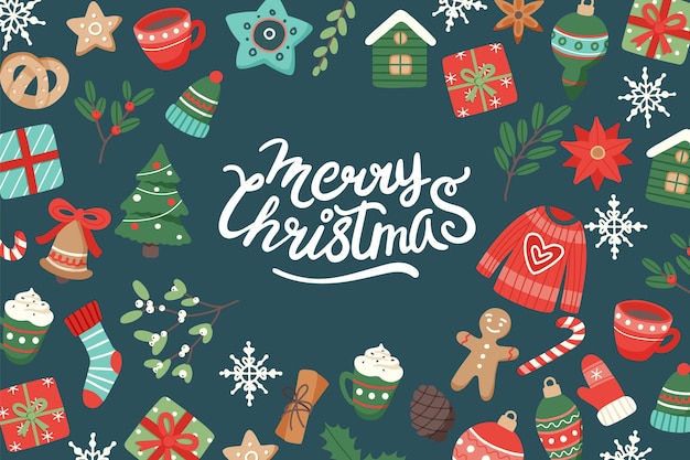 Premium Vector | Christmas banner with lettering and cute seasonal elements