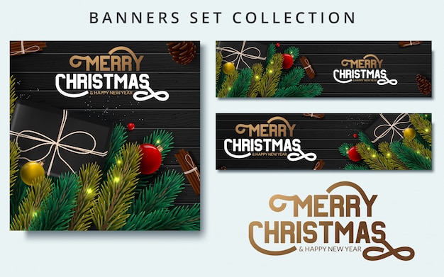 Premium Vector | Christmas banners set with fir branches decorated with