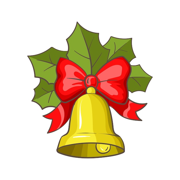 Premium Vector | Christmas bell with red bow and green leaves. vector ...