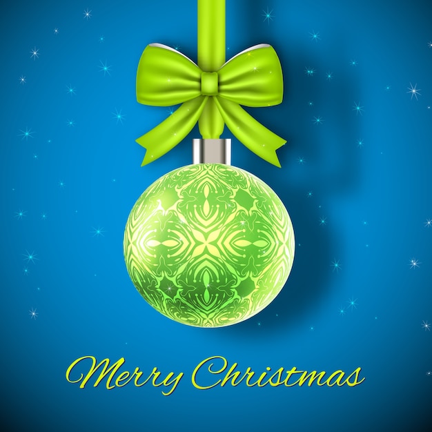 Free Vector | Christmas card glowing green christmas ball on blue