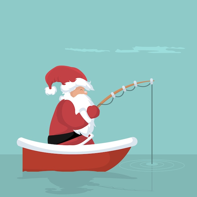 Premium Vector | Christmas card of santa claus fishing in his boat