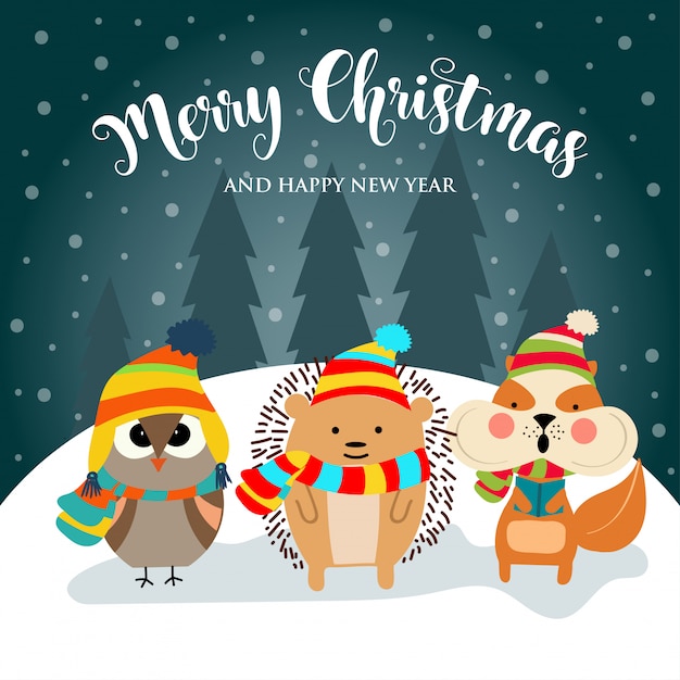 premium-vector-christmas-card-with-cute-dressed-animals-and-wishes