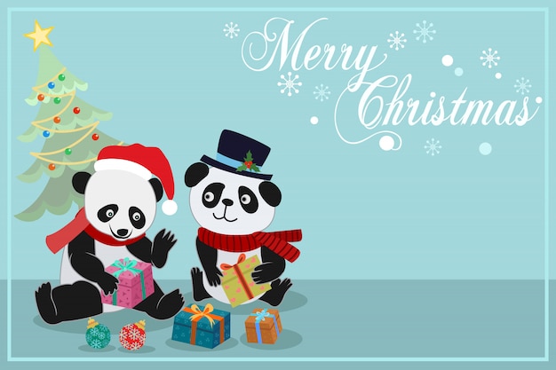 Premium Vector | Christmas card with cute panda and gift.